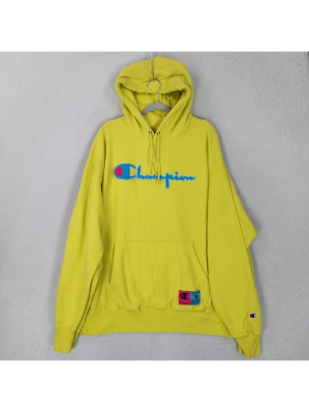 Champion Hoodie Mens 3XL Neon Yellow Reverse Weave Fleece Pullover Sweatshirt